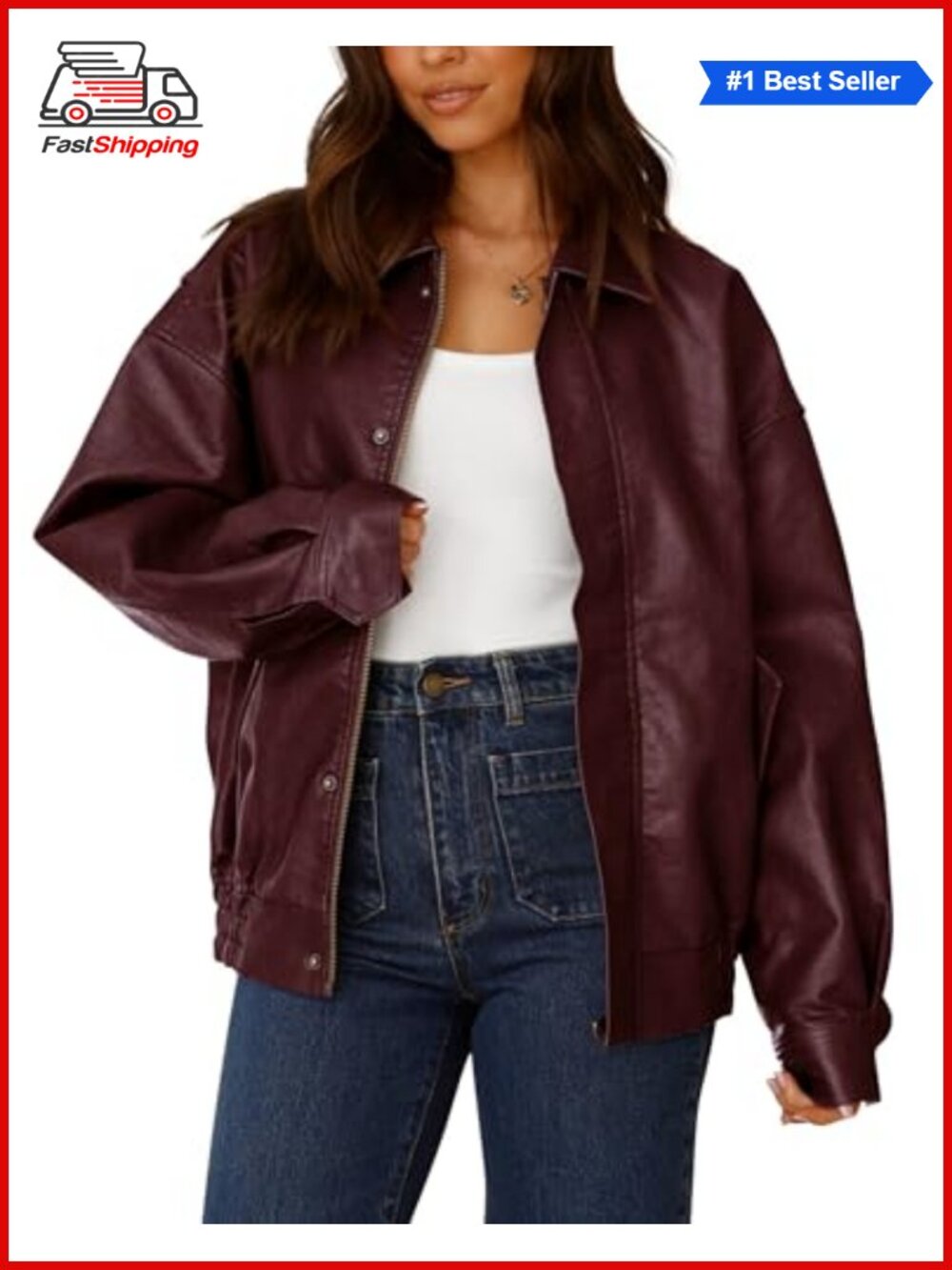 ✨PRETTYGARDEN Women's Faux Leather Motorcycle Jacket Oversized Zip Up Biker Coat
